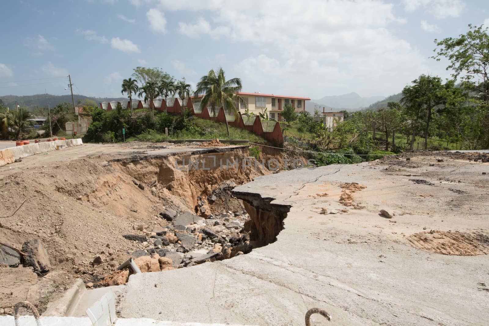 Many roads were destroyed by Hurricane Maria in September, 2017 and by the resulting flooding and soil saturation.