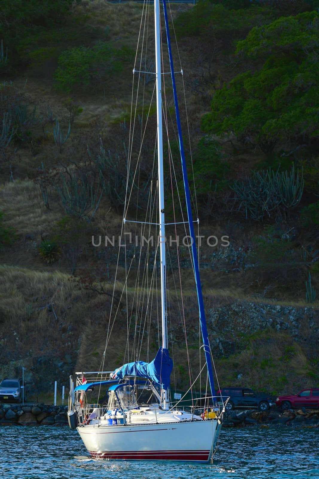 Small sailing yacht at anchor in British Virgin Islands