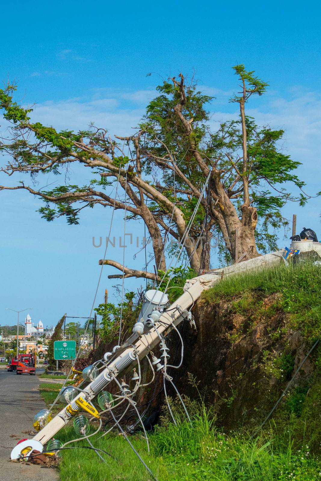 Damage to trees, powerlines, and building in Puerto Rico from Hurricane Maria, Sep 2017