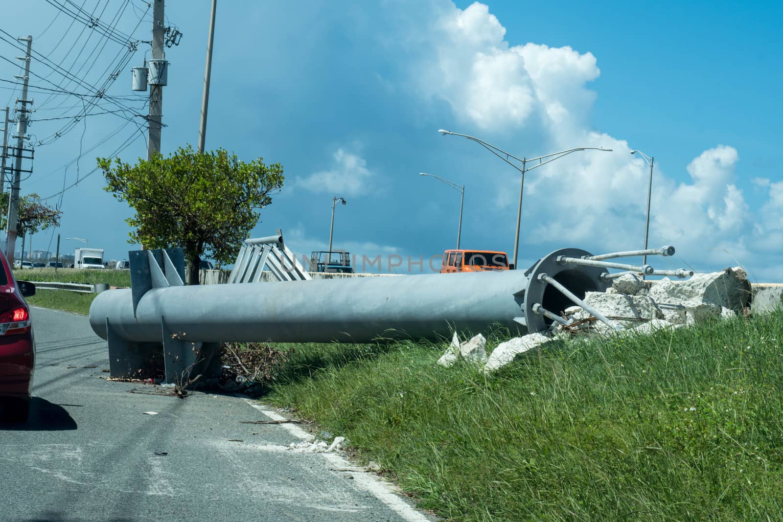 Damage to trees, powerlines, and building in Puerto Rico from Hurricane Maria, Sep 2017