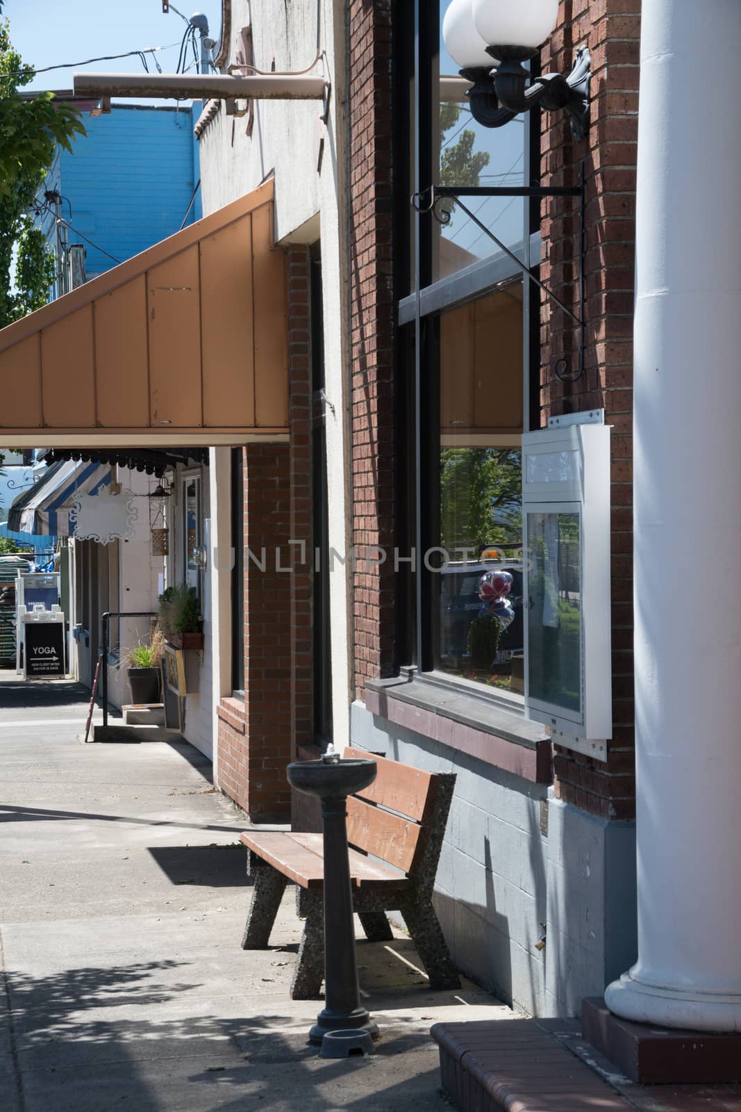 Commercial district store fronts in small town, Washington State.