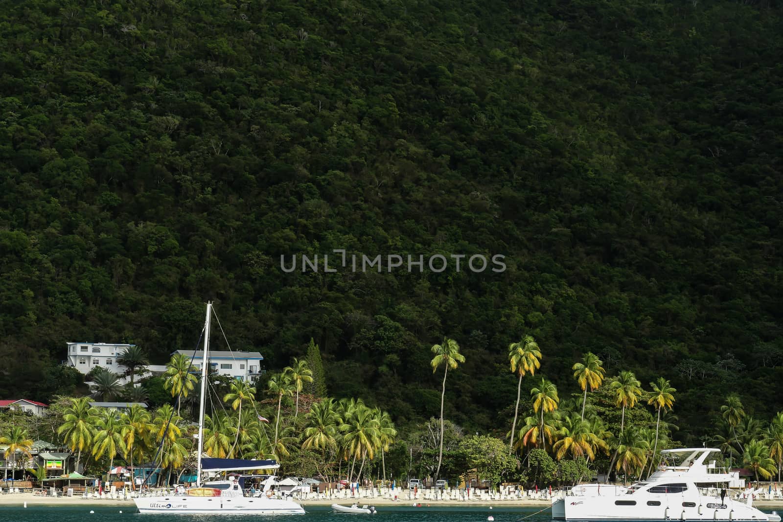 yachts at moorings s in small British Virgin Islands beach community.
