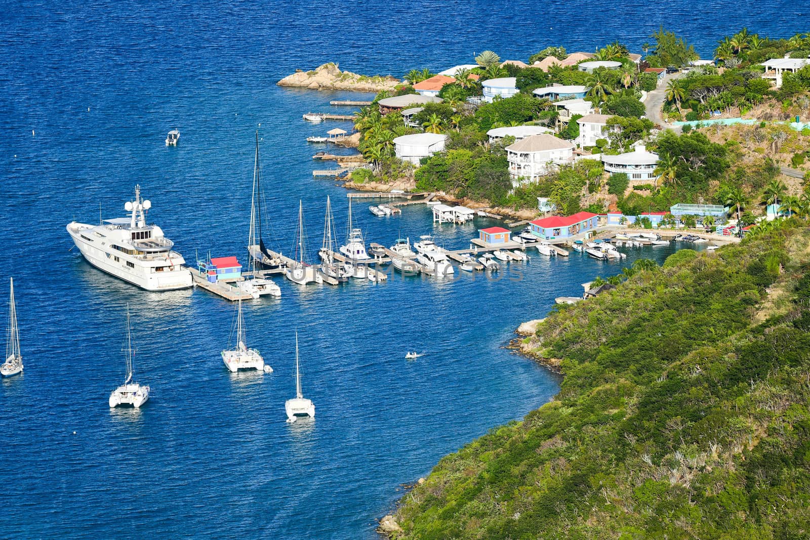 Yachts at moorings and docks in small British Virgin Islands Harbot