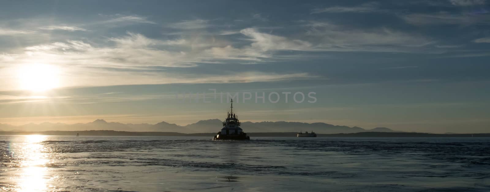 Late afternoon view across Puget Sound with Olympic Mountains, Washington State Ferry, and Tug.