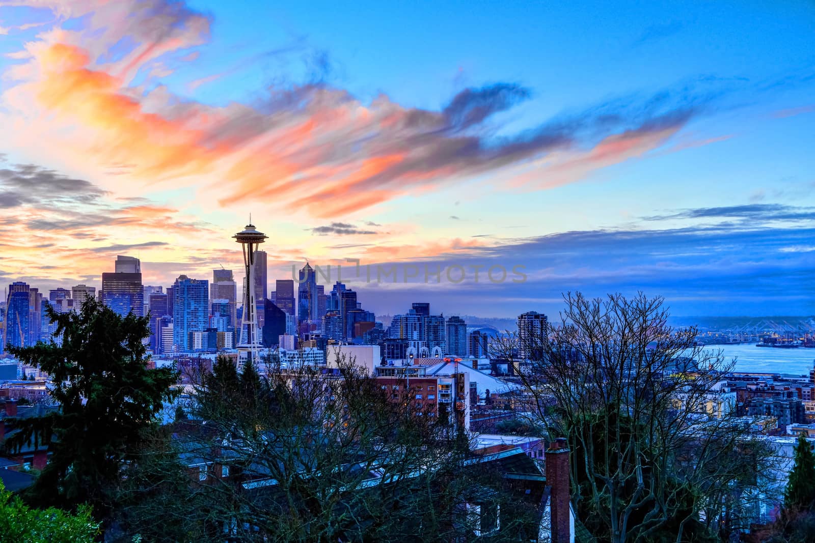 View of Seattle with the Space Needle on the left and Elliott Bay on the right