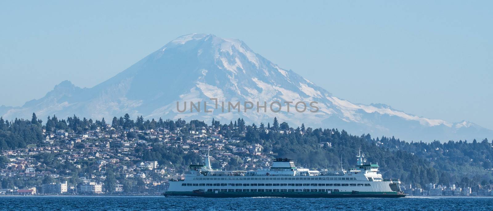 Washington State Ferry, Wenatchee, in front of West Seattle and Mount Rainier.