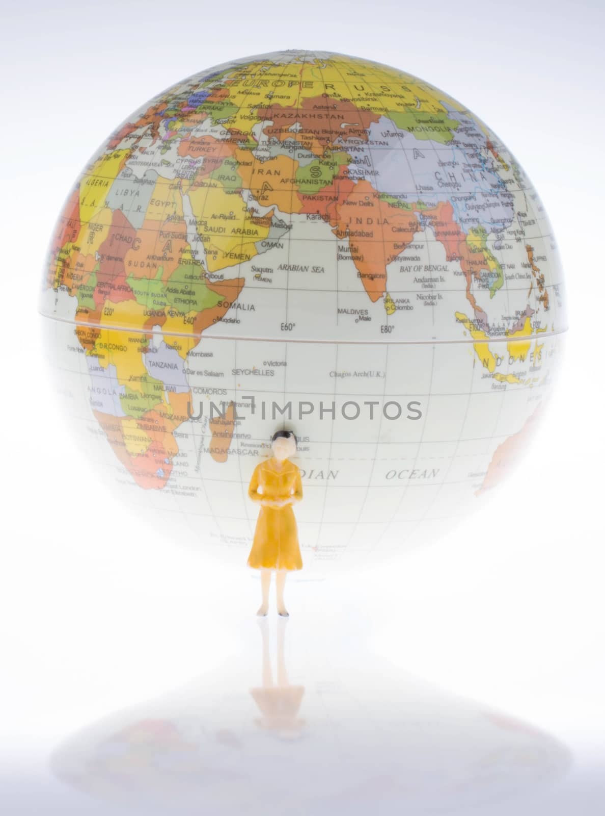 ittle model globe by the side of  woman figure