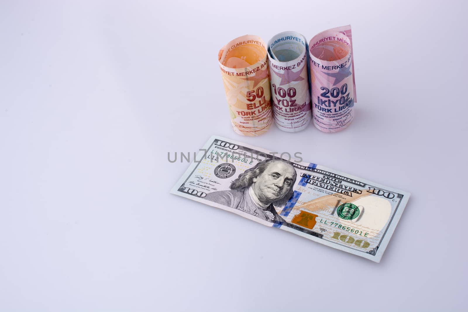 American dollar banknotes and Turksh Lira banknotes side by side by berkay