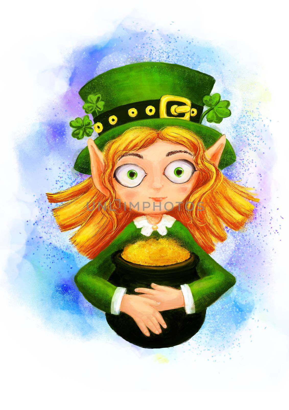 Leprechaun with a pot of gold and clover. Illustration for St. Patrick's Day