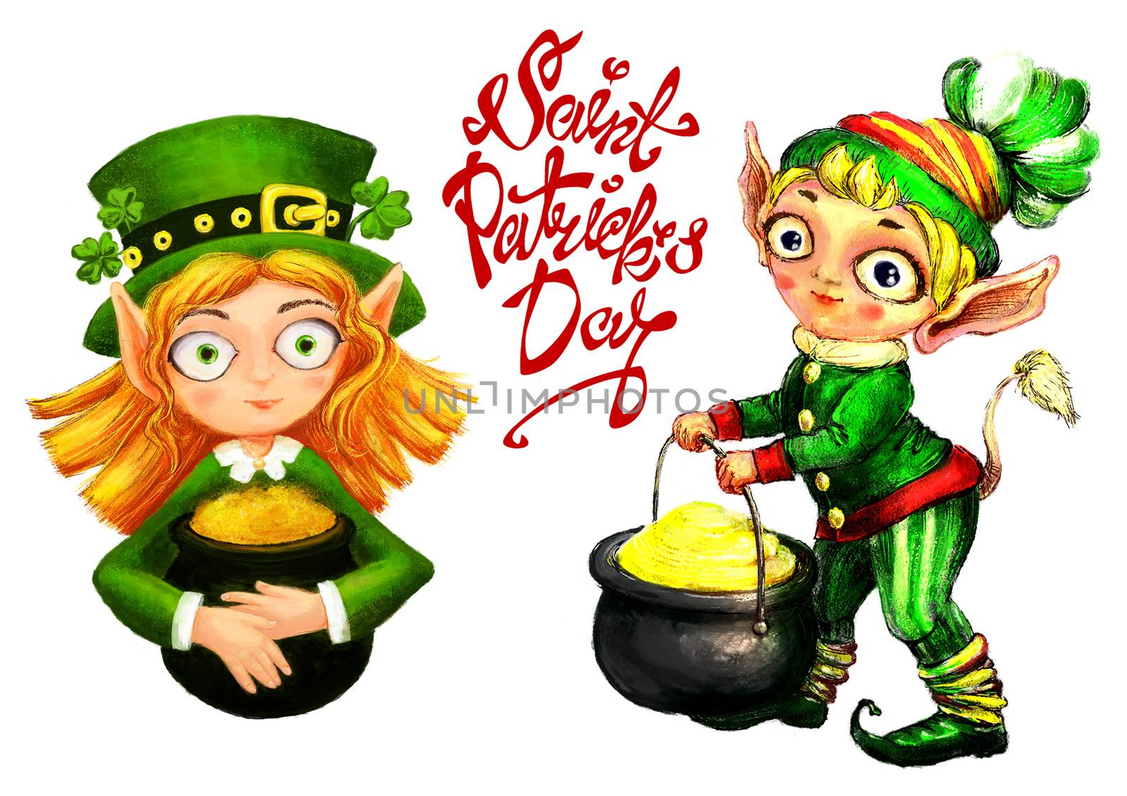 Leprechaun with a pot of gold and clover by heliburcka