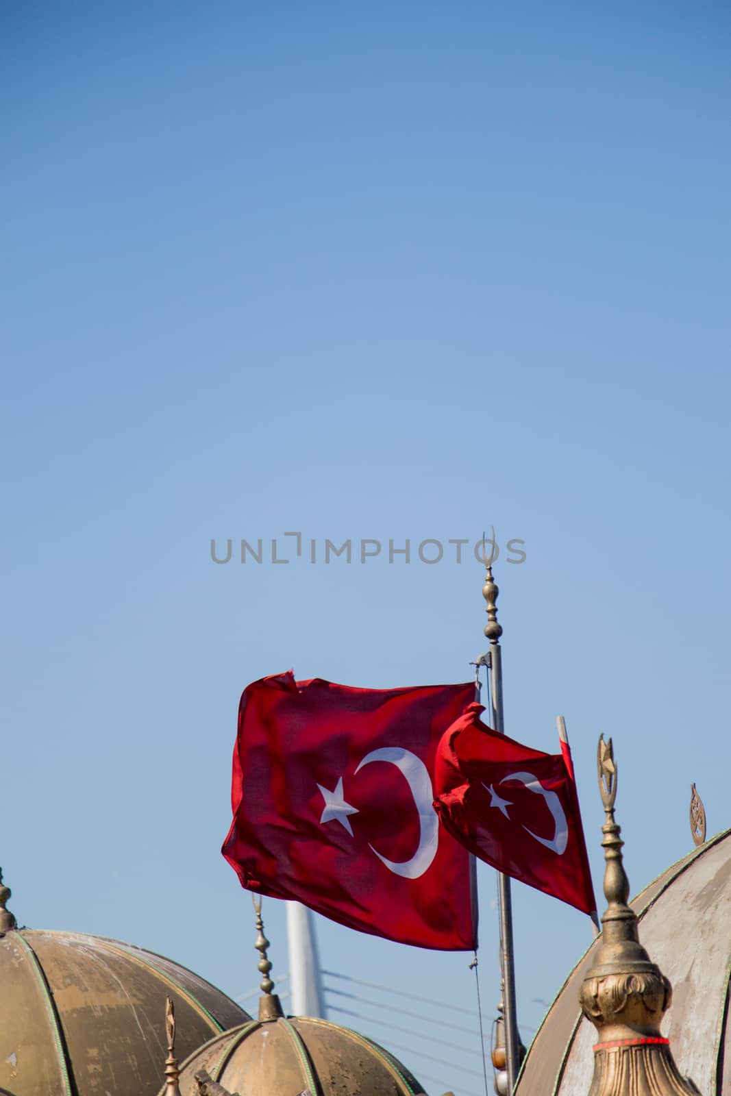 Turkish national flag and domes in open air