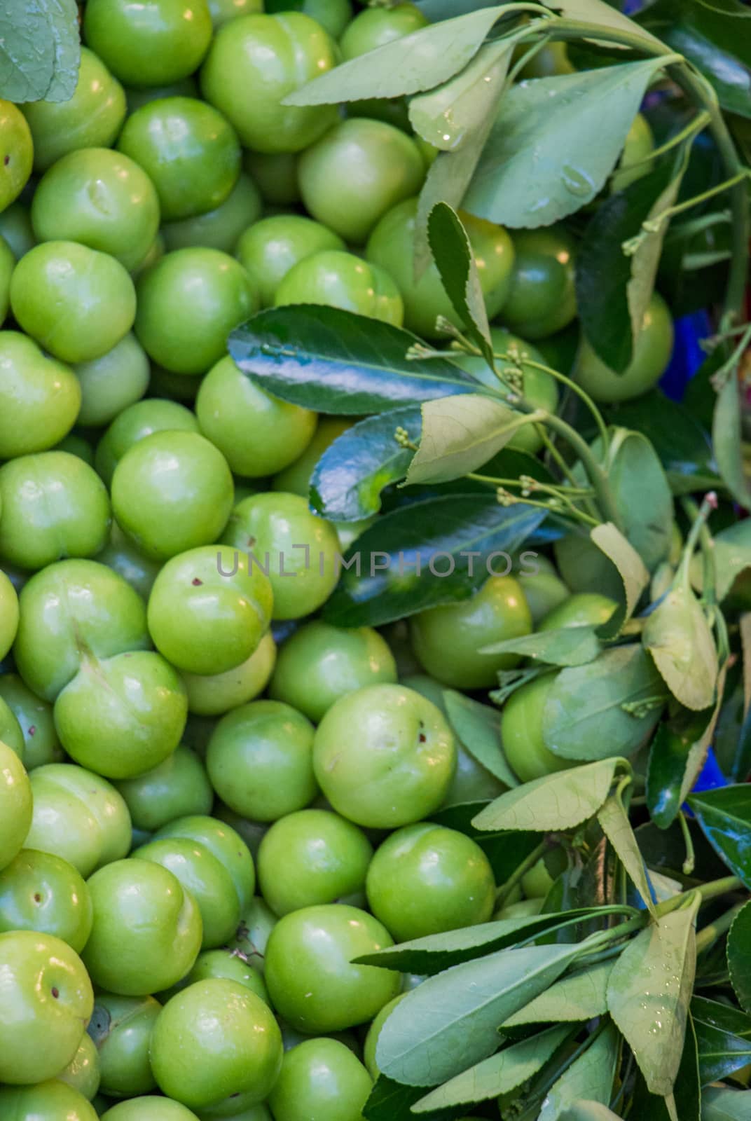 Green unripe plums in bazaar market place