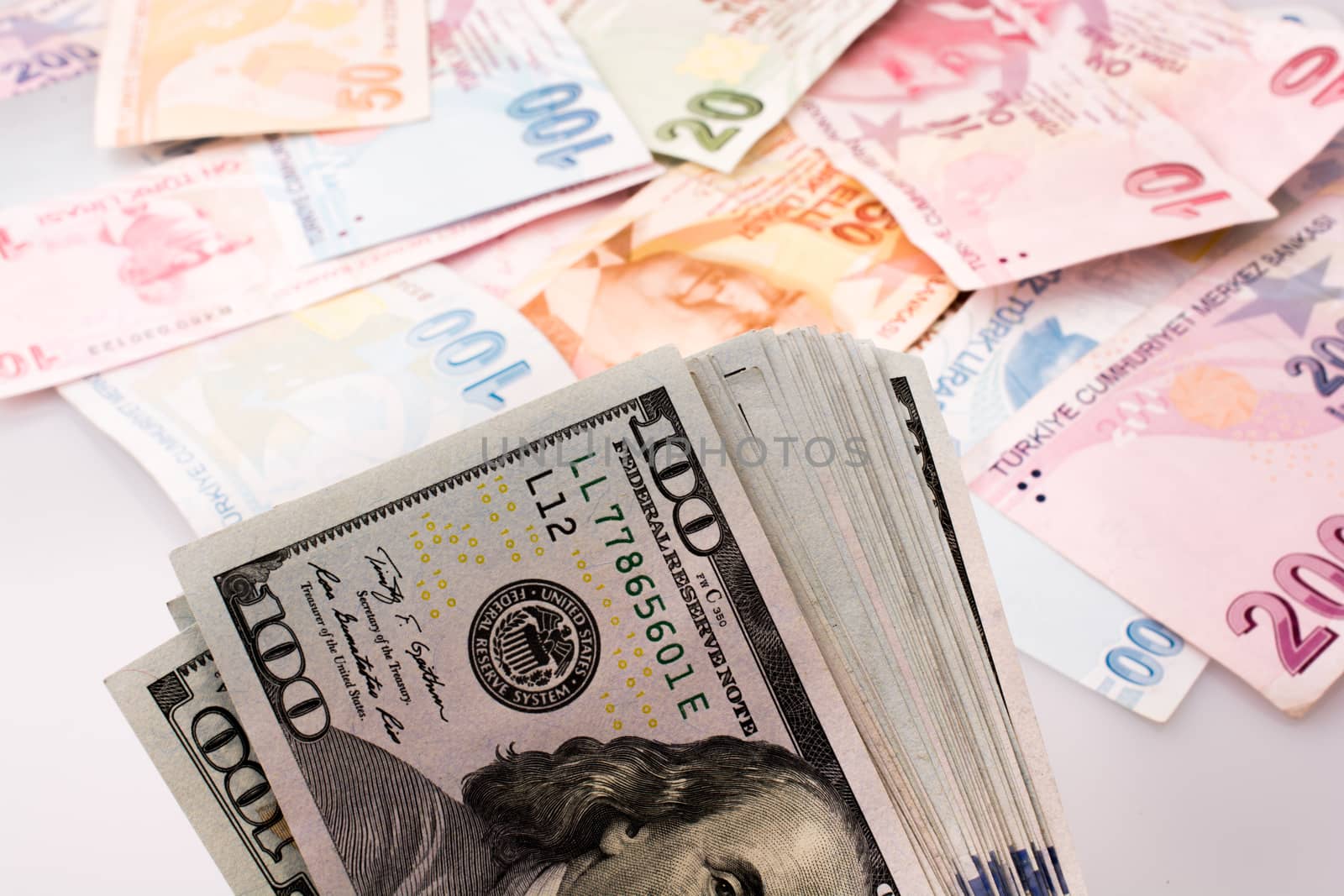 American dollar banknotes and Turksh Lira banknotes side by side on white background