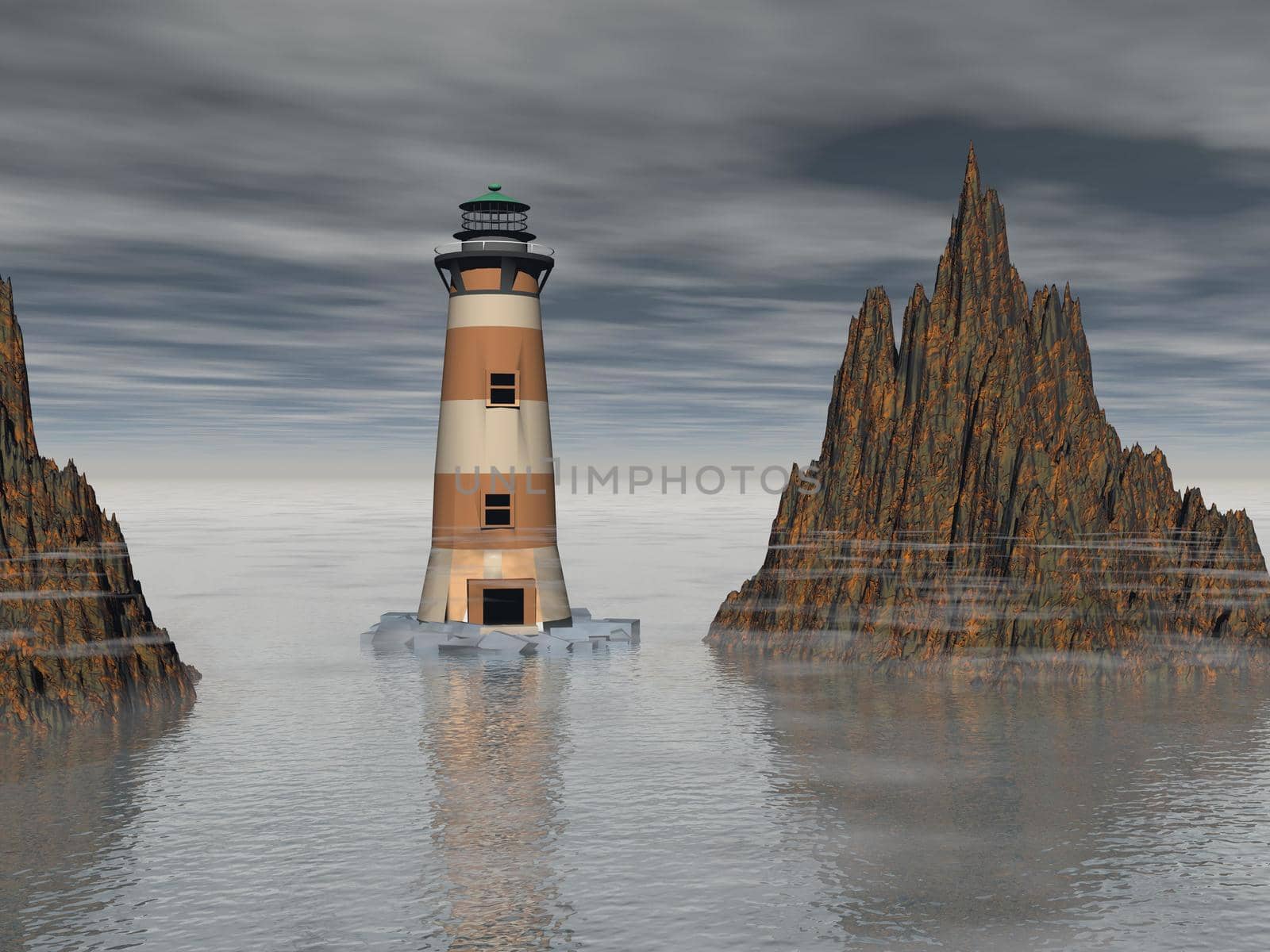 Lighthouse on the sea under sky grey - 3d rendering