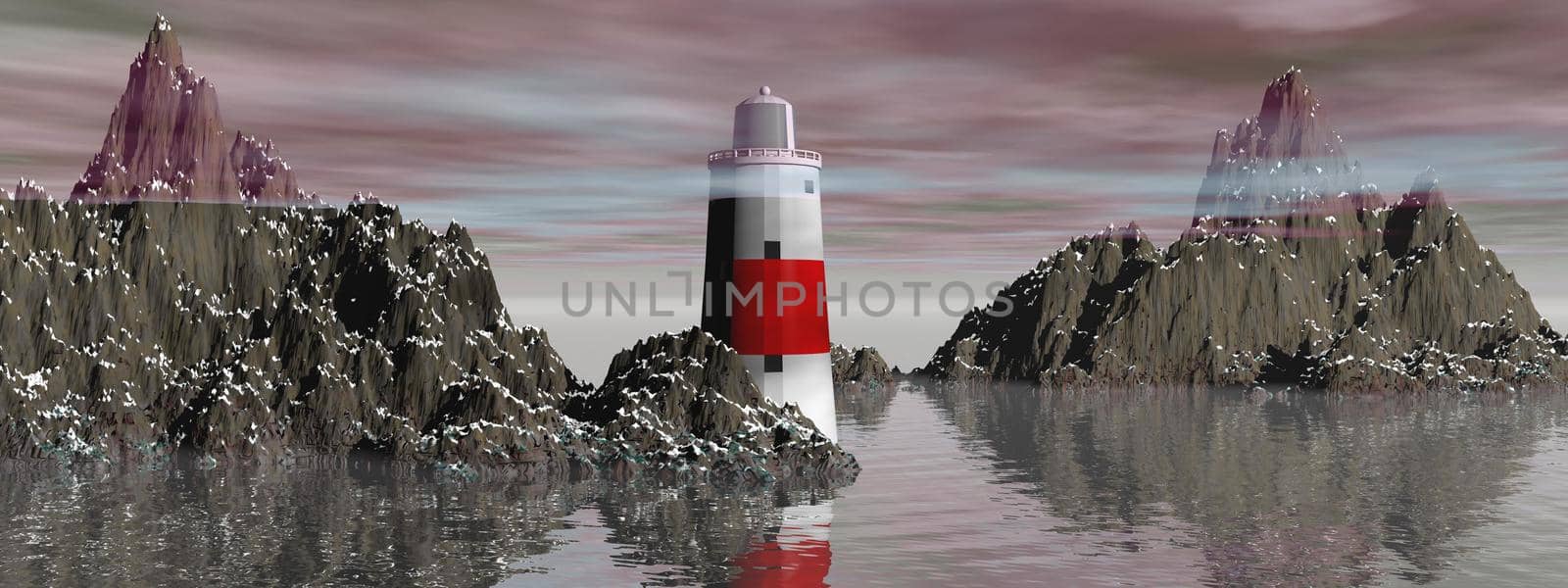 Lighthouse on the sea under sky grey - 3d rendering