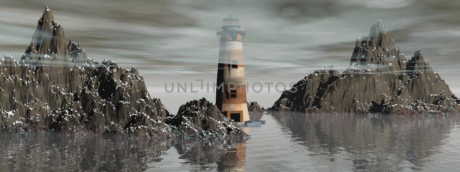 Lighthouse on the sea under sky grey - 3d rendering