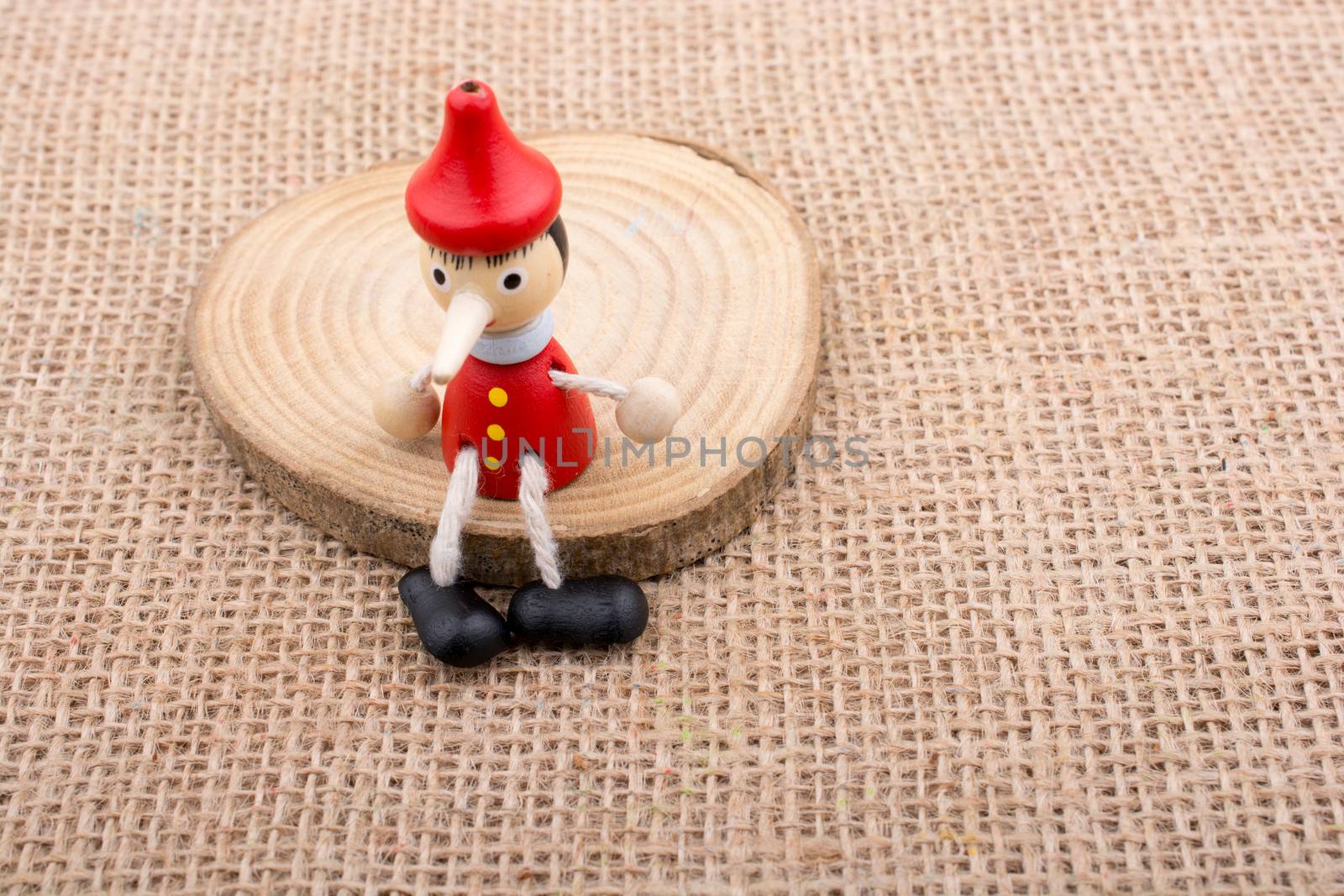 Pinocchio  sitting on wood on canvas background