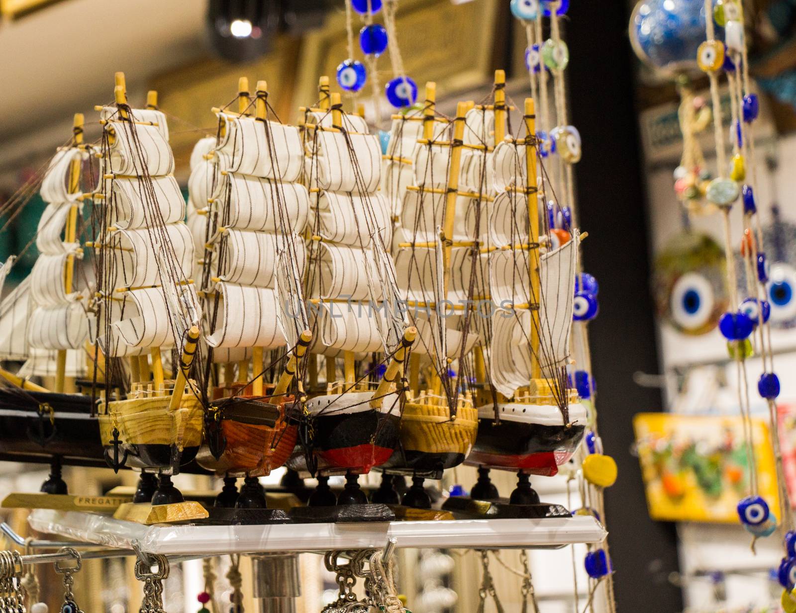 Set of hand made sail boats in view