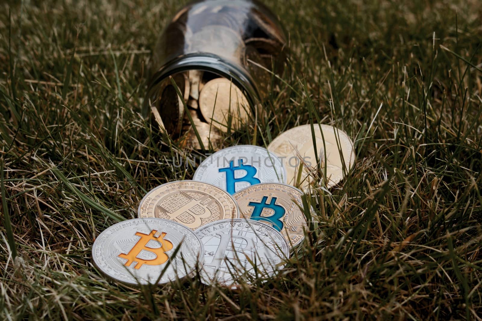 Digital currency physical silver and gold bitcoin coins in grass.