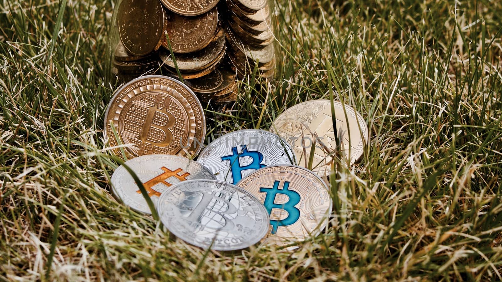 Digital currency physical silver colorful bitcoin coins on the grass.