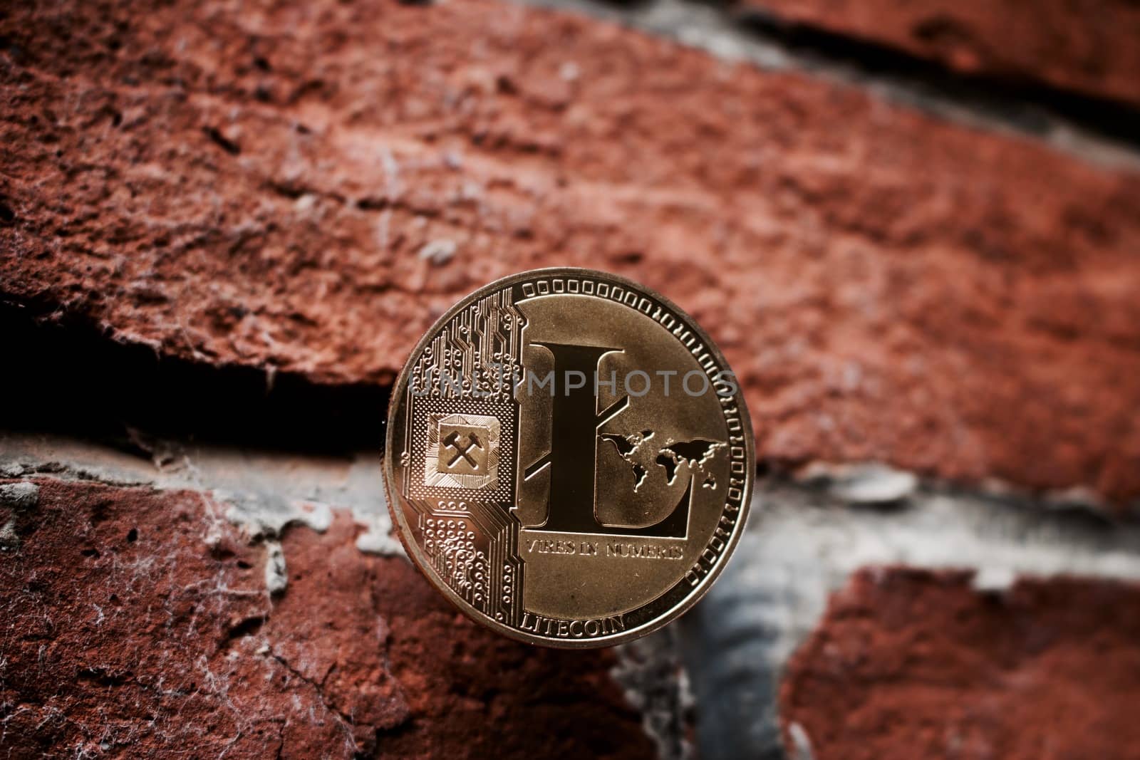 Digital currency physical gold Litecoin coin on the brick wall.