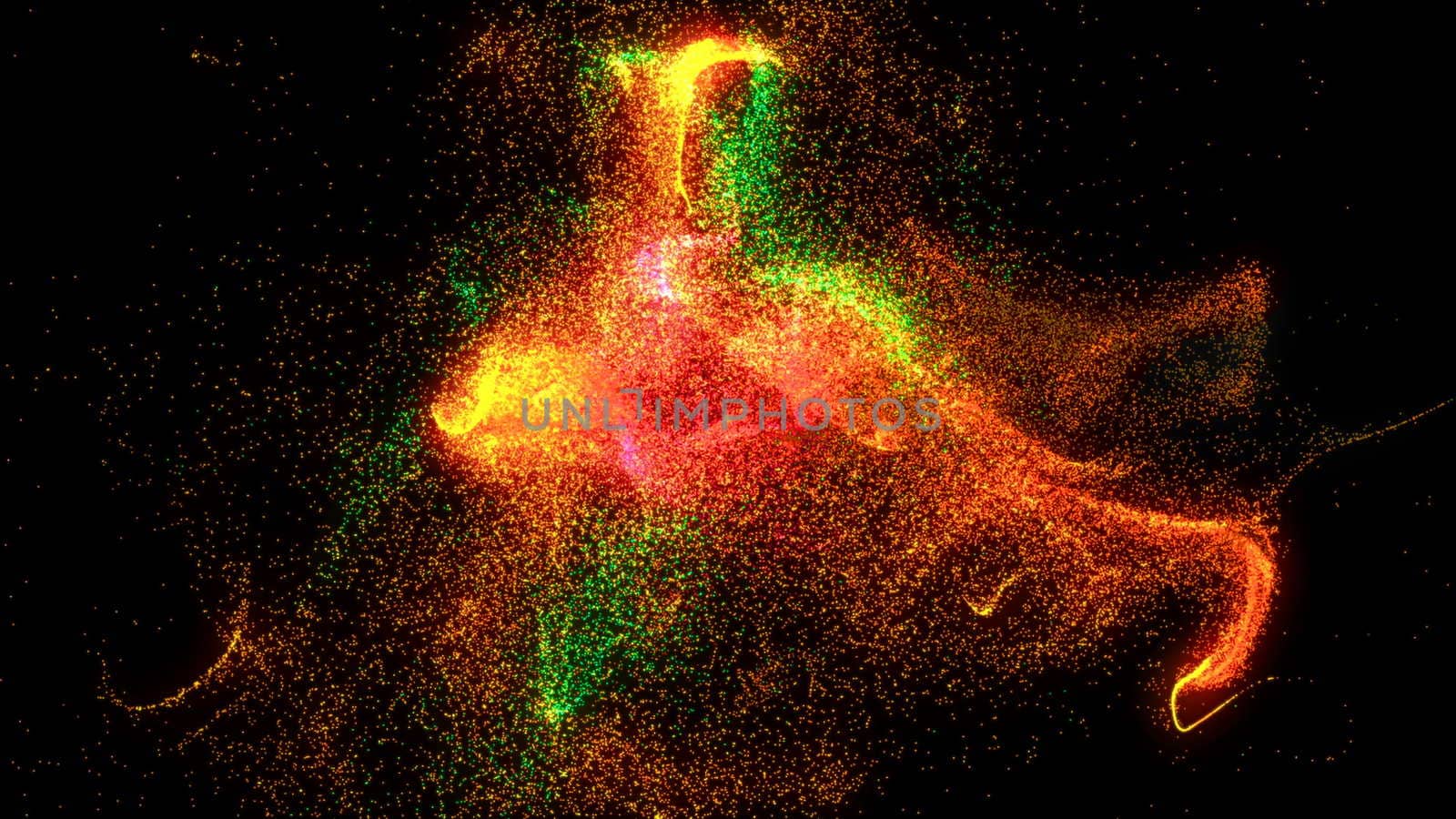 Colorful Particles dispersing and twisting. High quality clip rendered on high end computer and graphics card. 3d render
