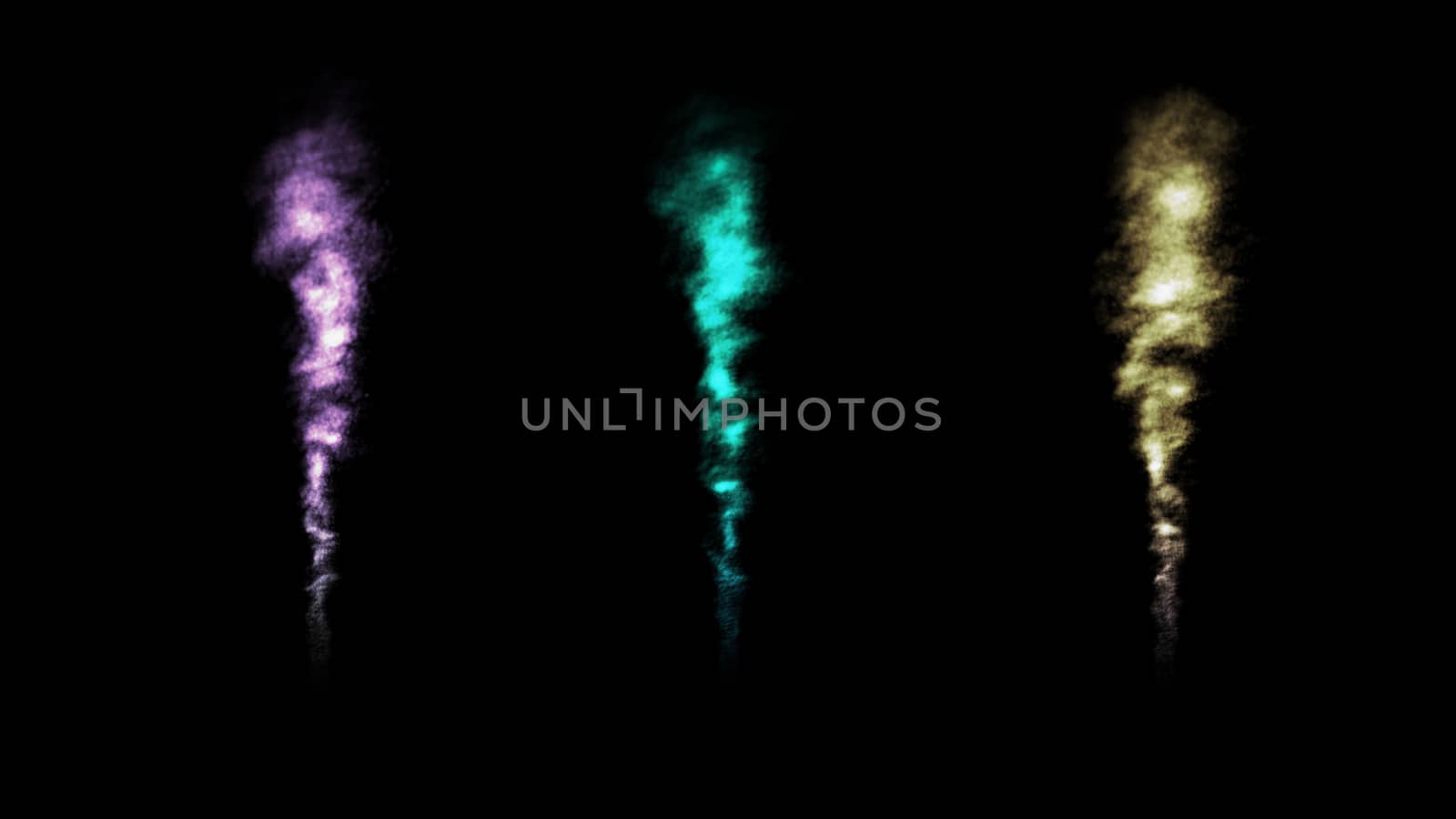 Colorful smoke collection on black background. 3d render