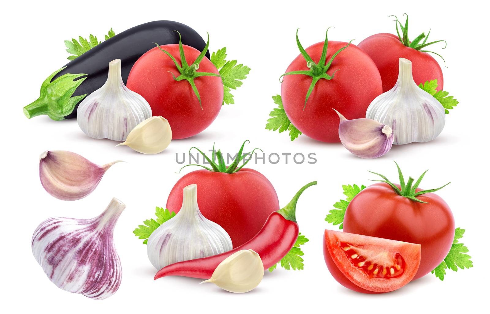 Fresh vegetables isolated. Eggplant, tomato and garlic cutout on white background