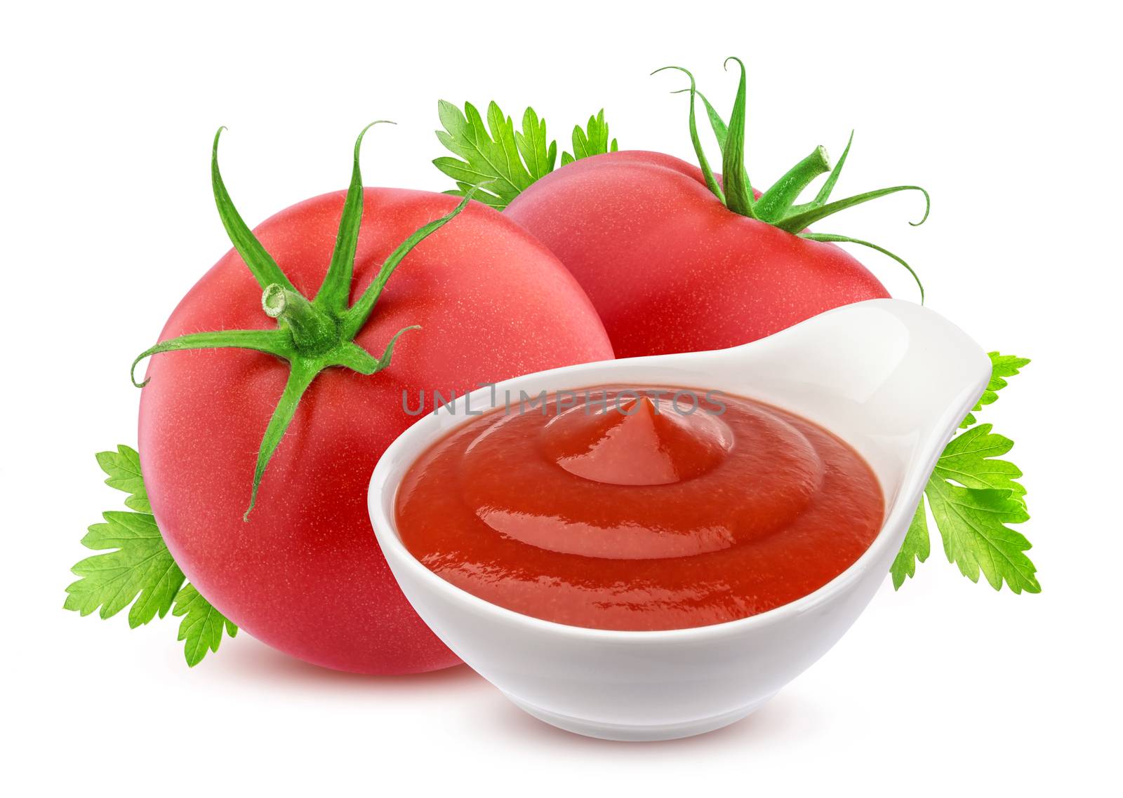 Ketchup in bowl and two fresh tomatoes isolated on white background