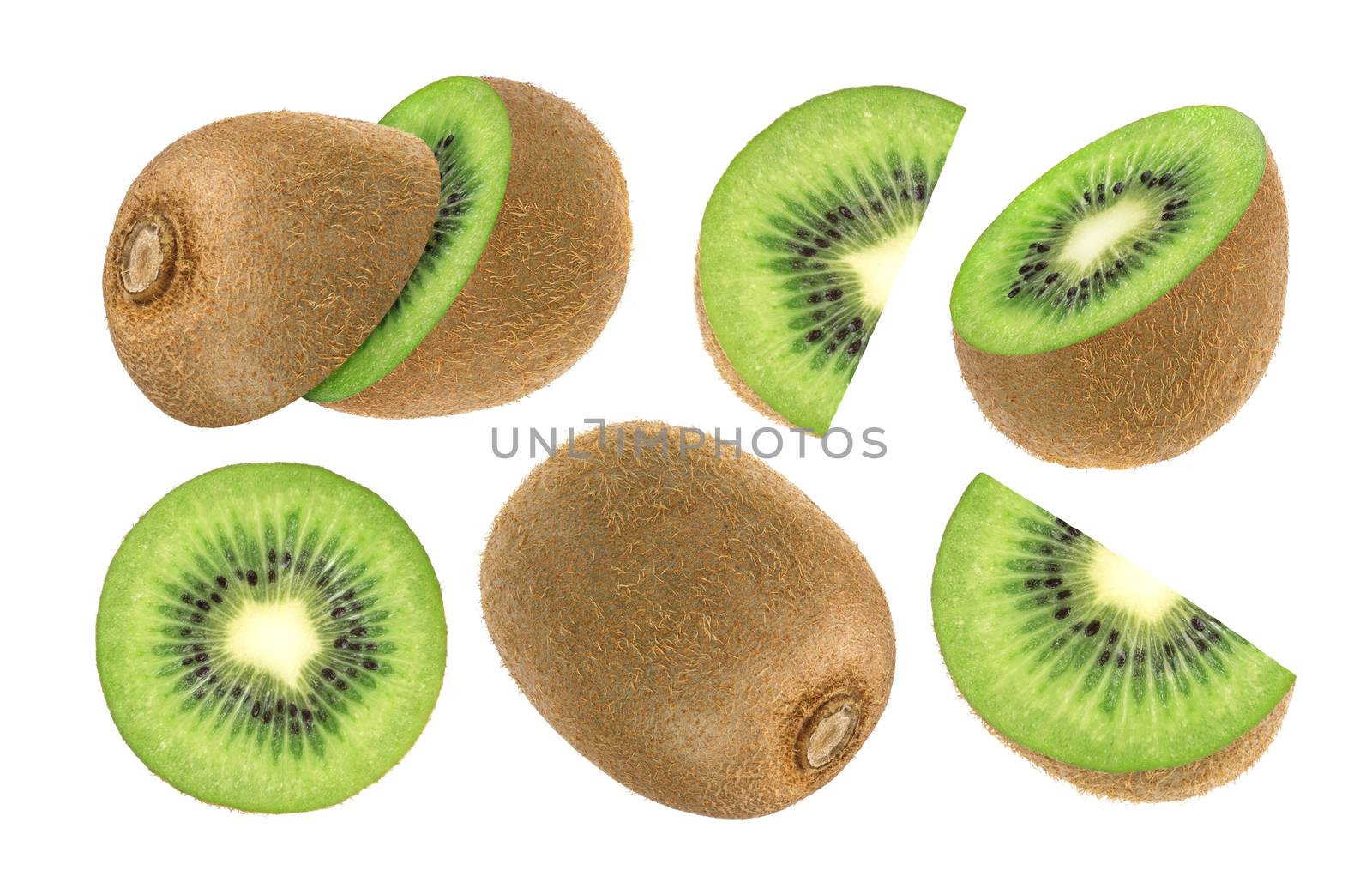 Isolated kiwi fruit. Collection of whole and sliced kiwi isolated on a white background with clipping path.