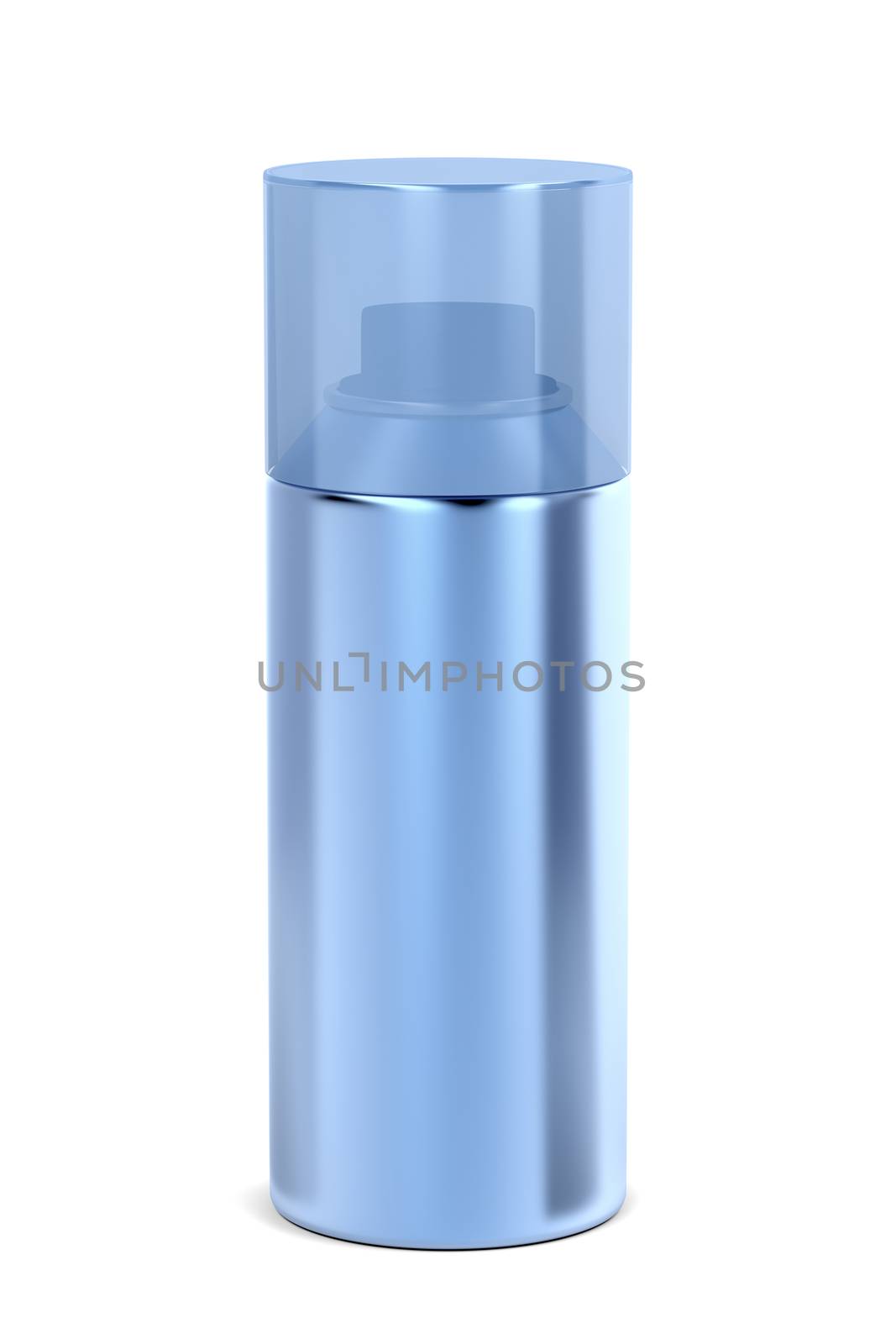 Blue aerosol spray can on white background 