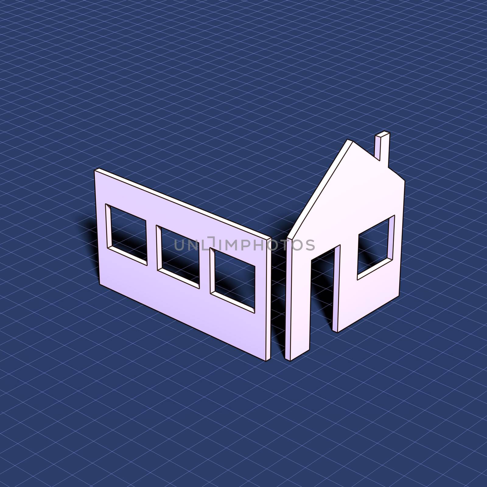 Home. Element of blueprint drawing in shape of house sign. 3D illustration