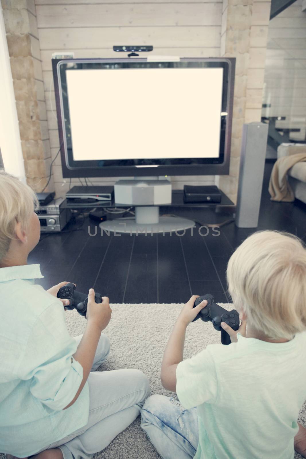 Two brothers playing video games at home