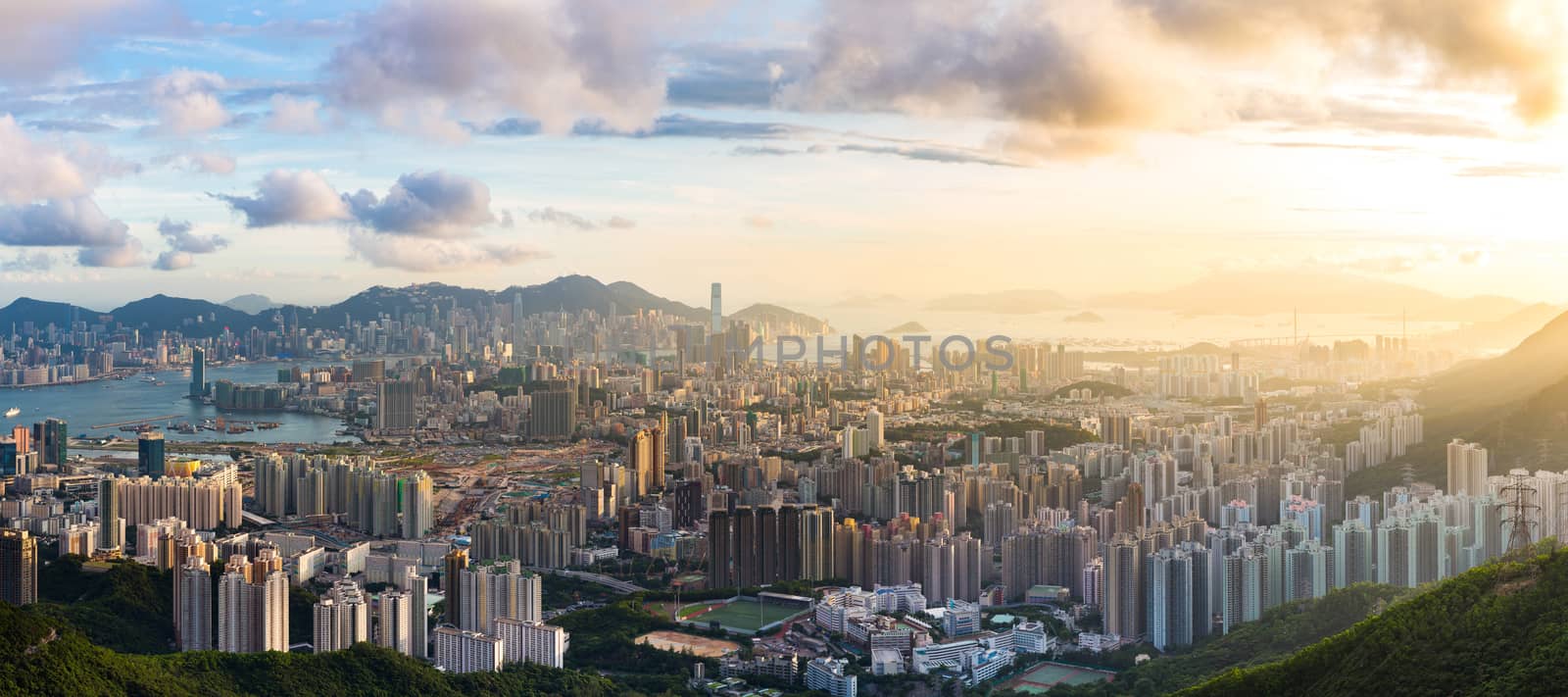 Hong Kong Skyline Kowloon from Fei Ngo Shan hill or Kowloon Viewing Point sunset panorama