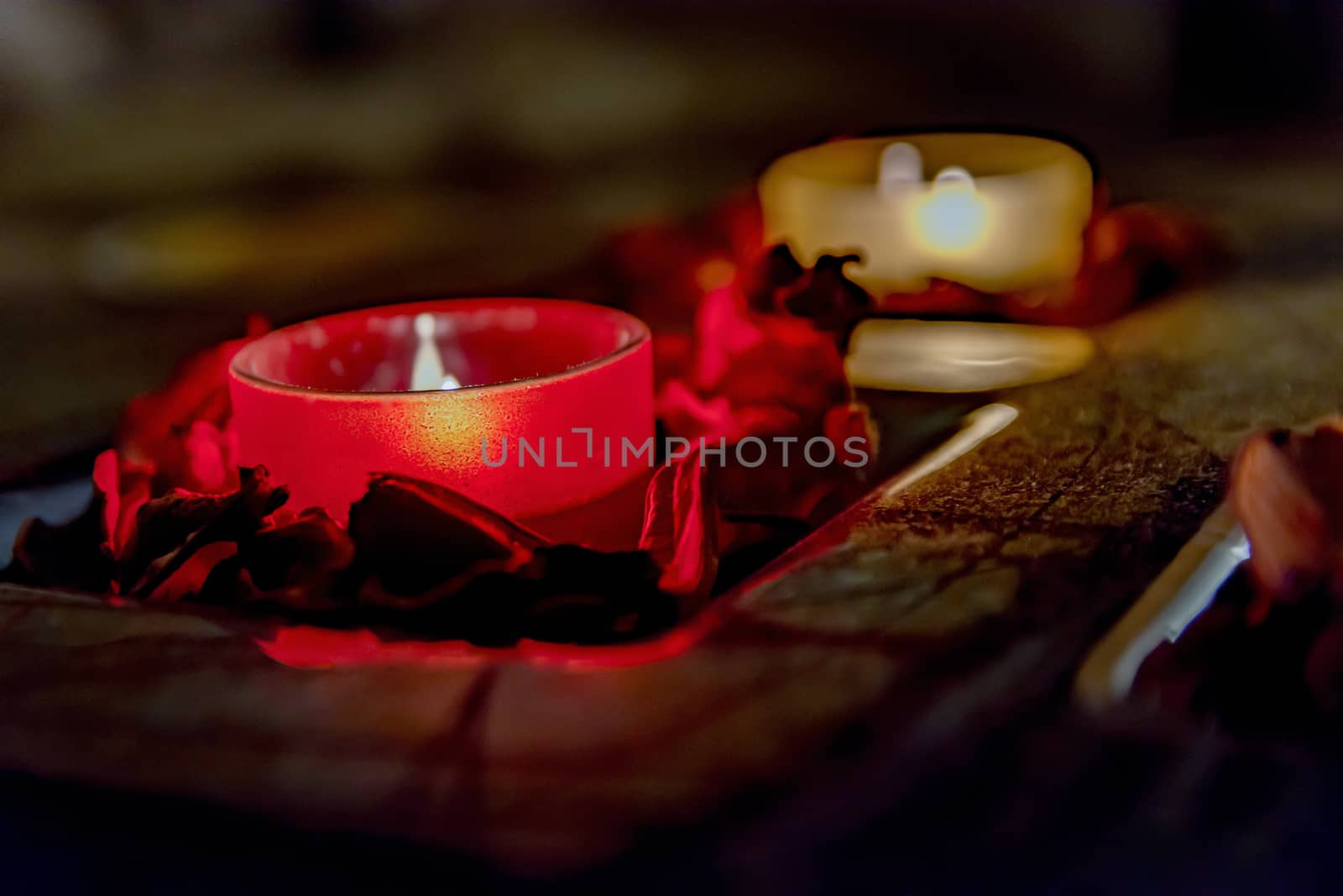 few candles in the table with romantic atmosphere