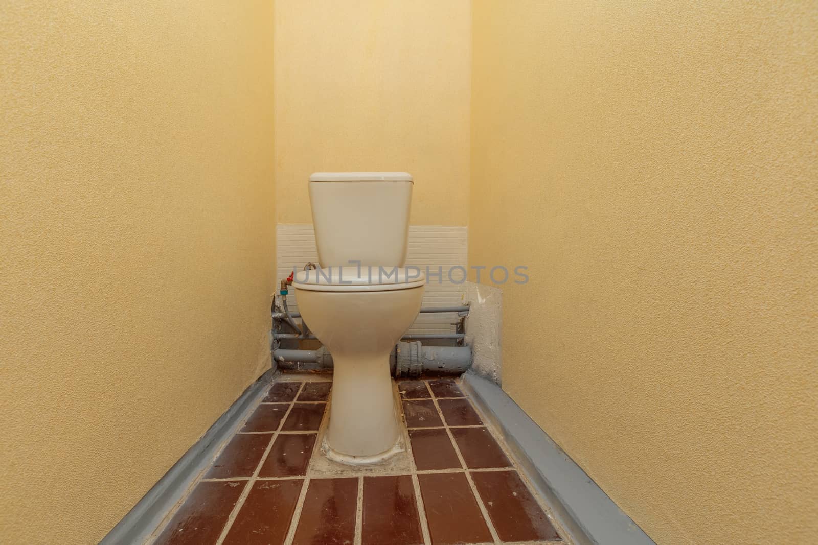 Toilet bowl in the toilet room. Restroom with brown wallpaper decoration