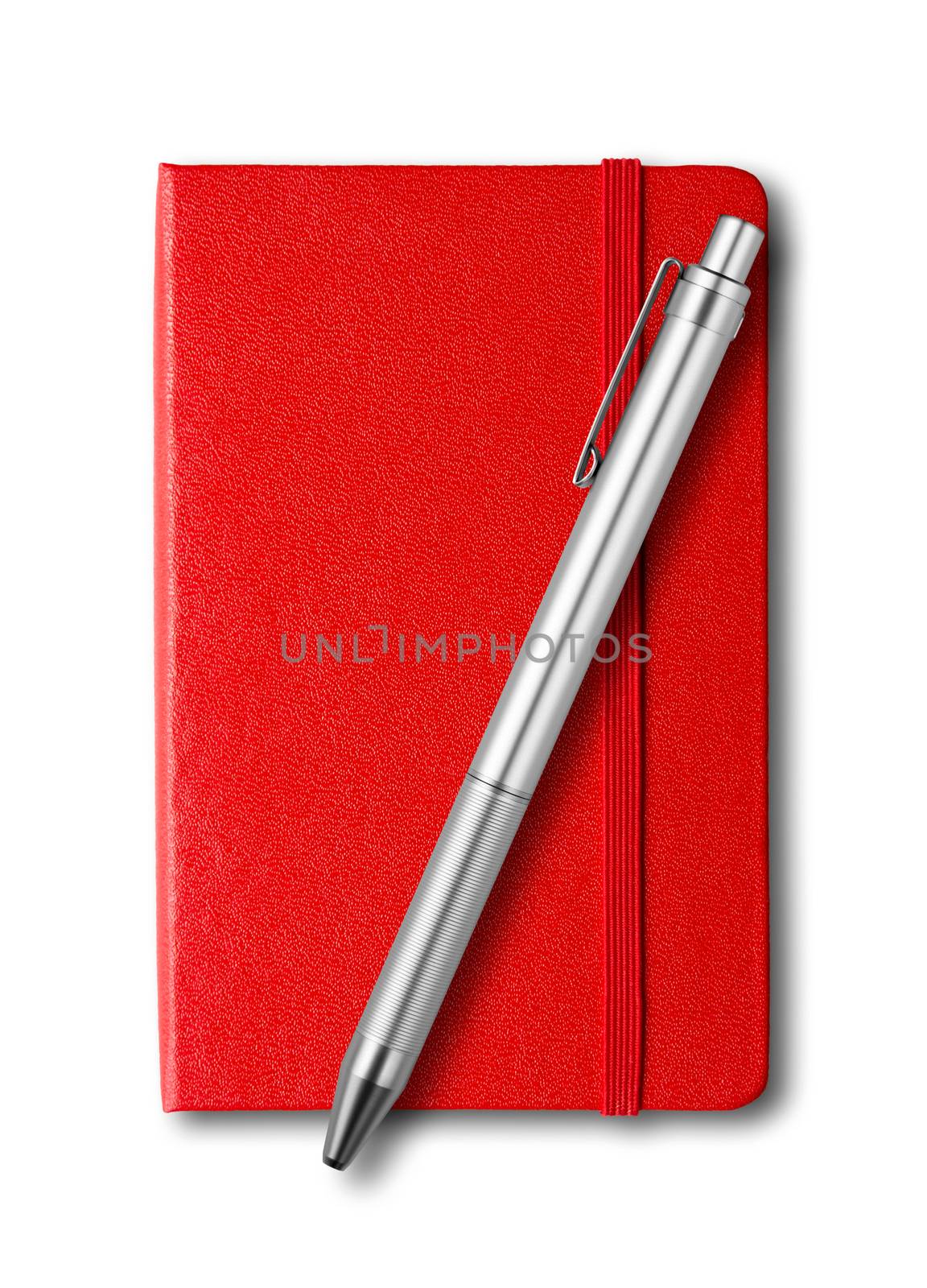 Red closed notebook and pen mockup isolated on white