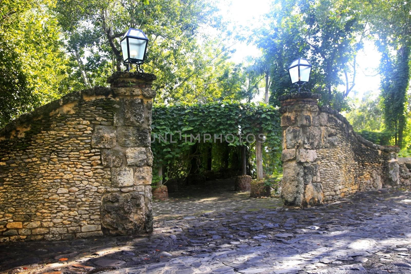 Alley in plants in Altos de Chavon, La Romana. Dominican Republic