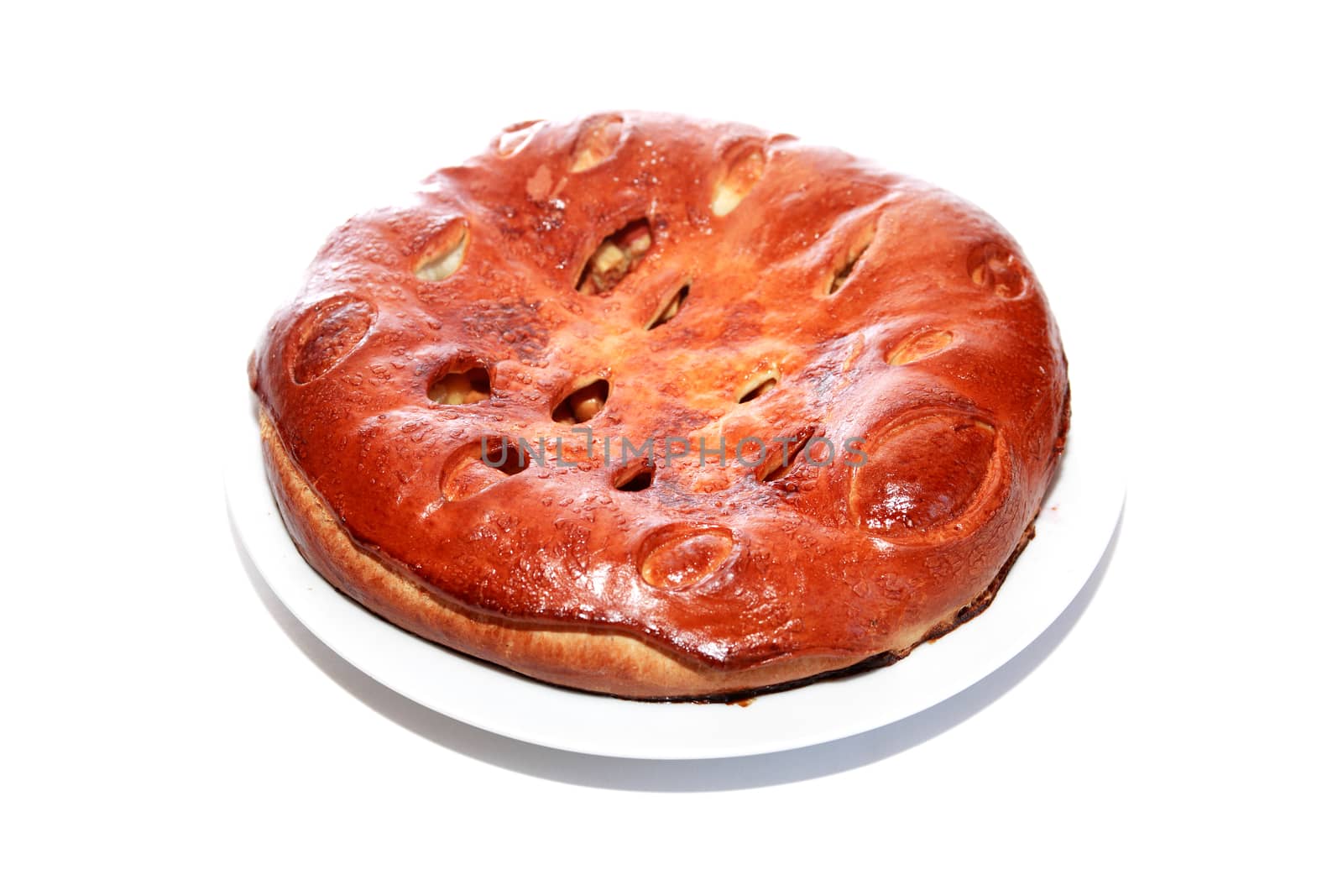 Freshness delicious meat pie on white plate on white background