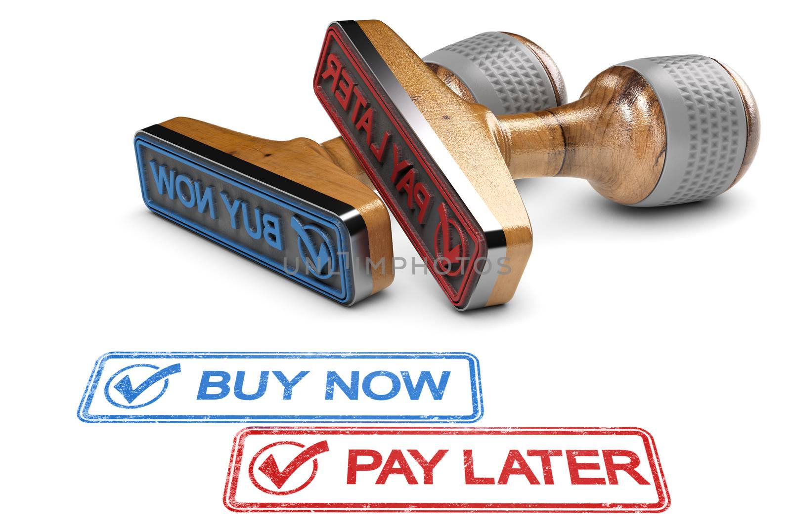 Sale offer concept. Two Rubber stamps with the text buy now and Pay later over white background. 3D illustration