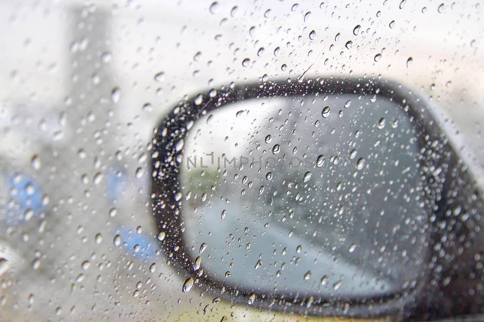 Water drops on glass and Rearview mirror