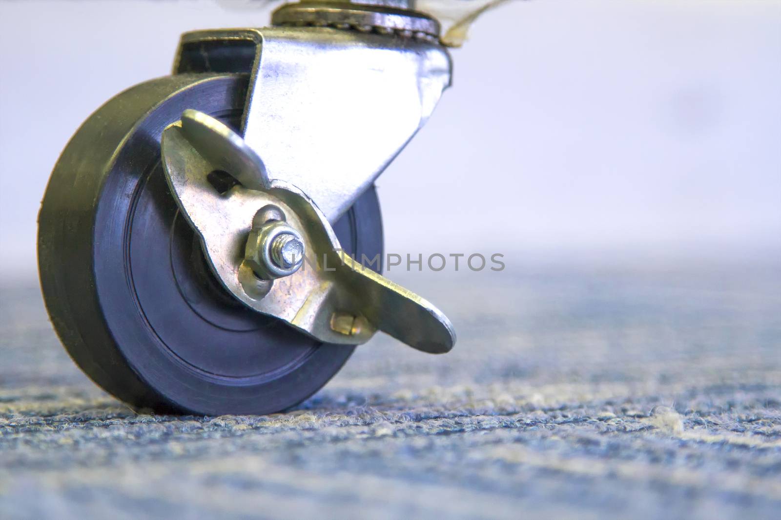 Small black rubber wheels on the carpet.