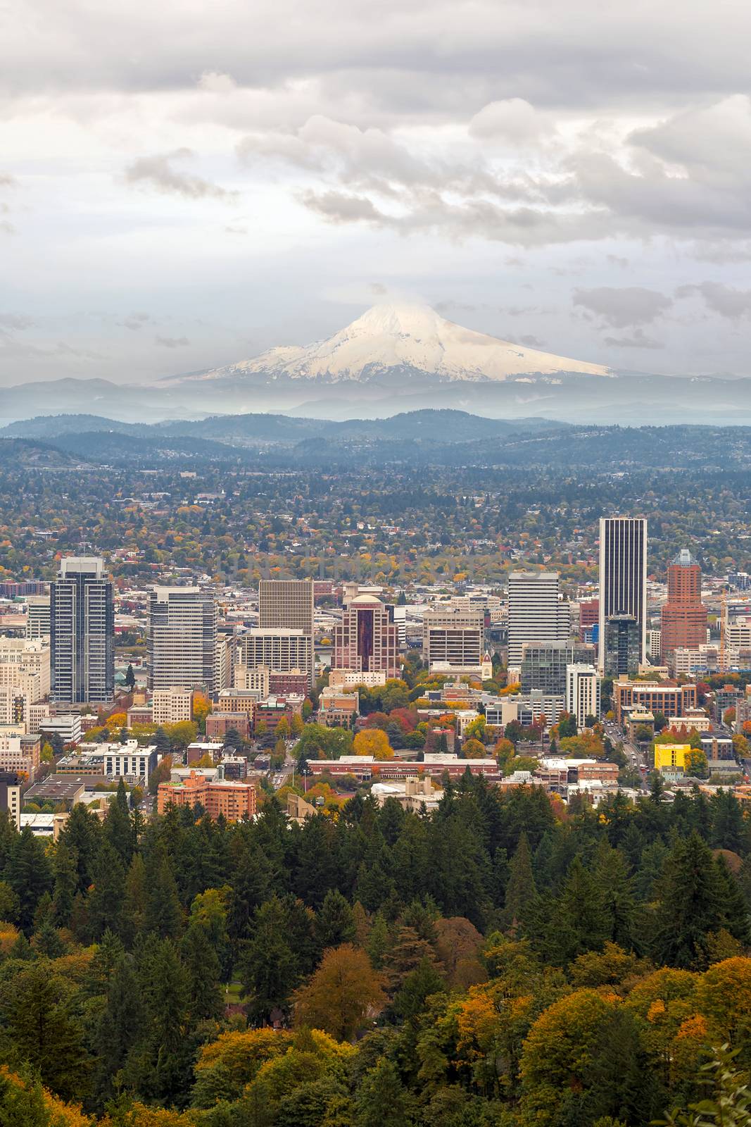 Portland Oregon downtown cityscape and Mount Hood view in Fall Season