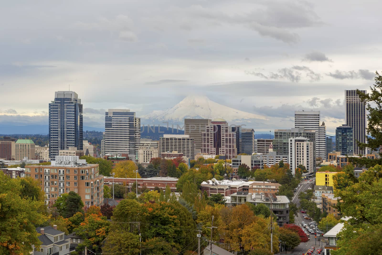 Portland Oregon downtown city skyline and Mount Hood view in Fall Season