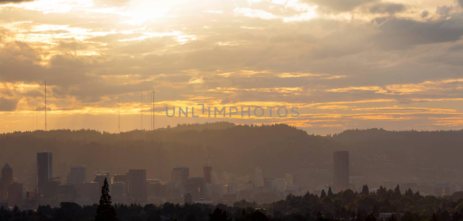 Hazy Smog afternoon over city of Portland Oregon downtown skyline panorama