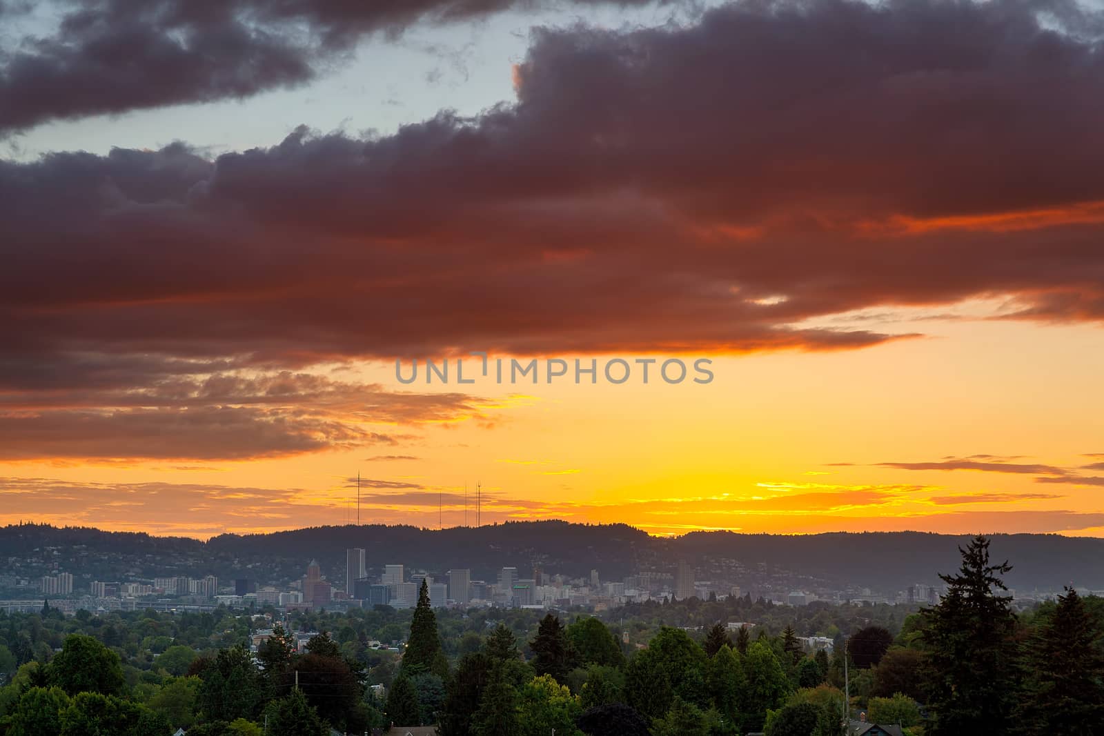 Colorful sunset over city of Portland Oregon downtown skyline panoramic view