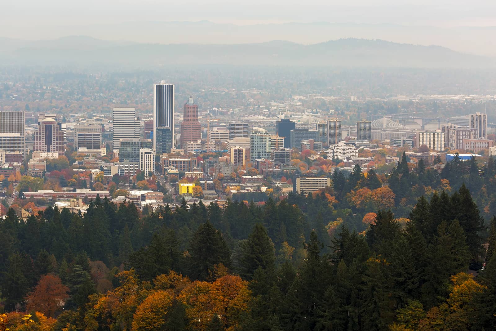 Foggy day over downtown Portland Oregon cityscape during fall season