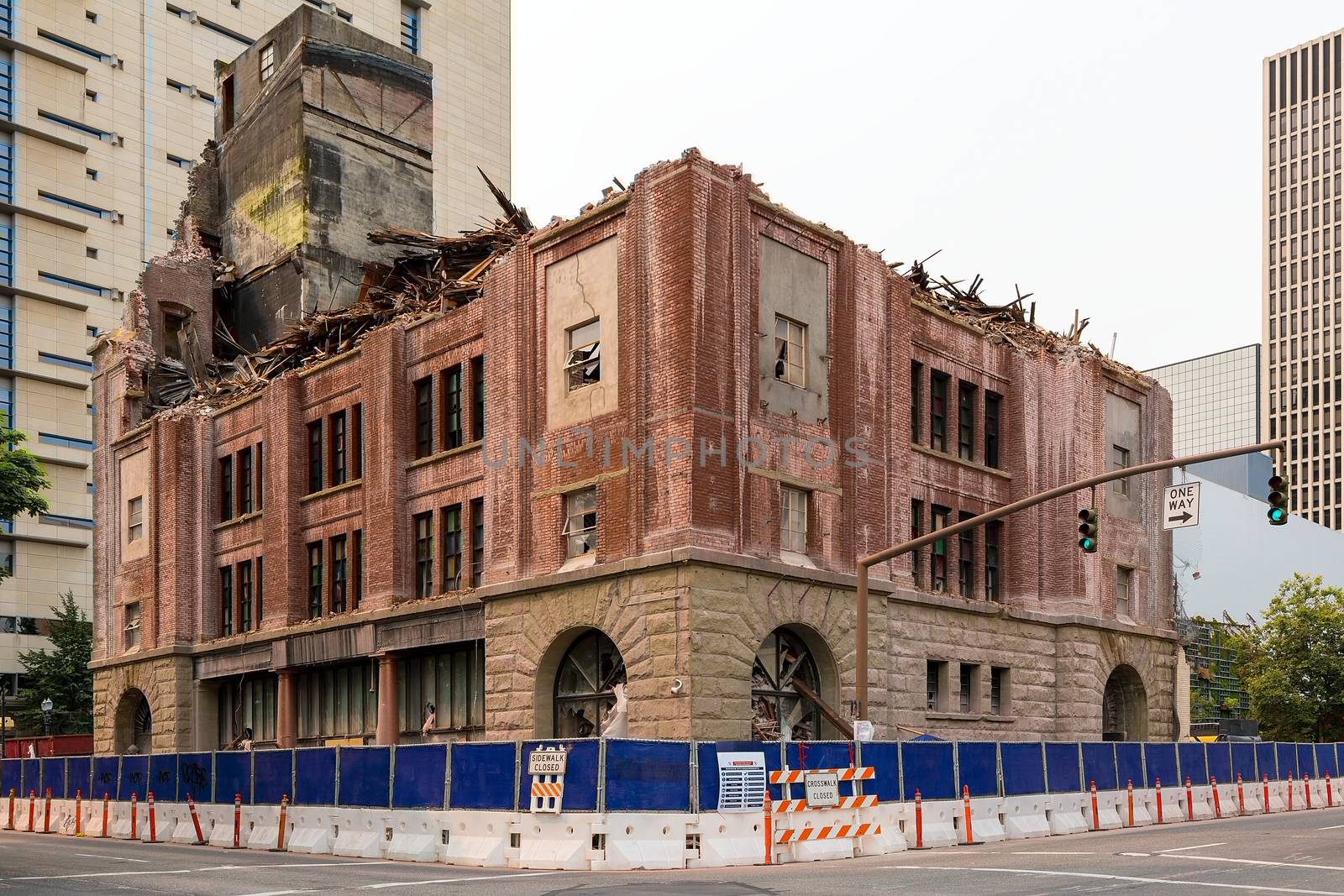 Old brick building being demolished for redevelopment in downtown Portland Oregon