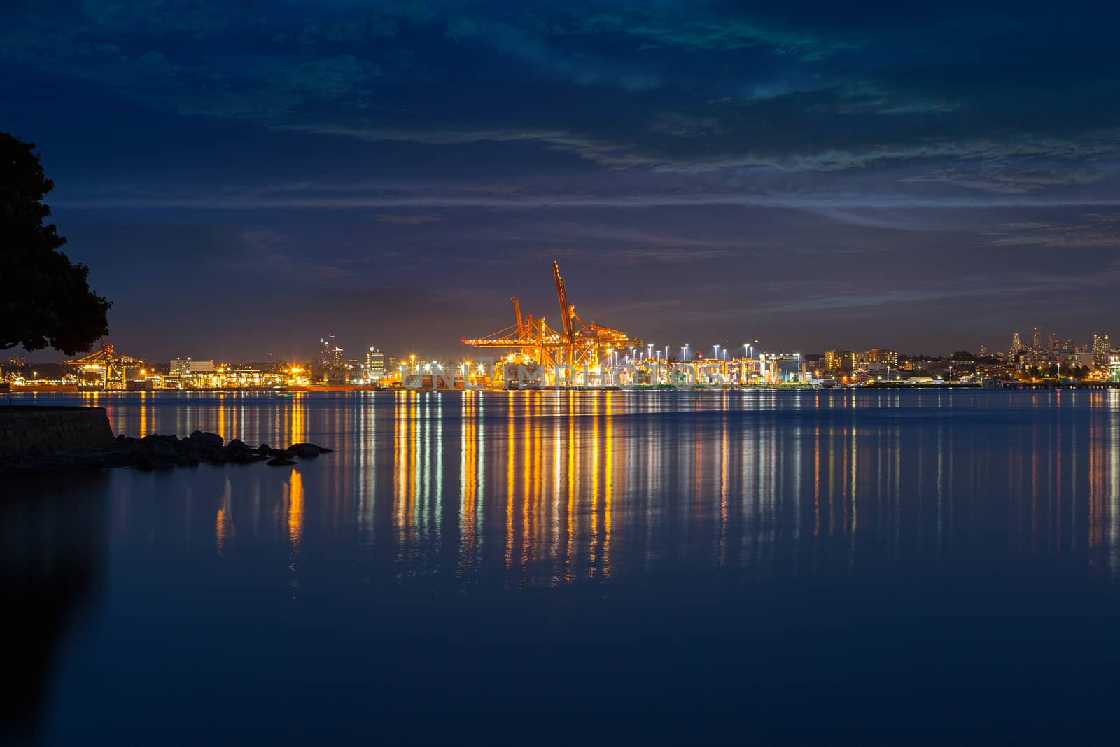 Portland of Vancouver British Columbia Canada from Stanley Park during evening blue hour