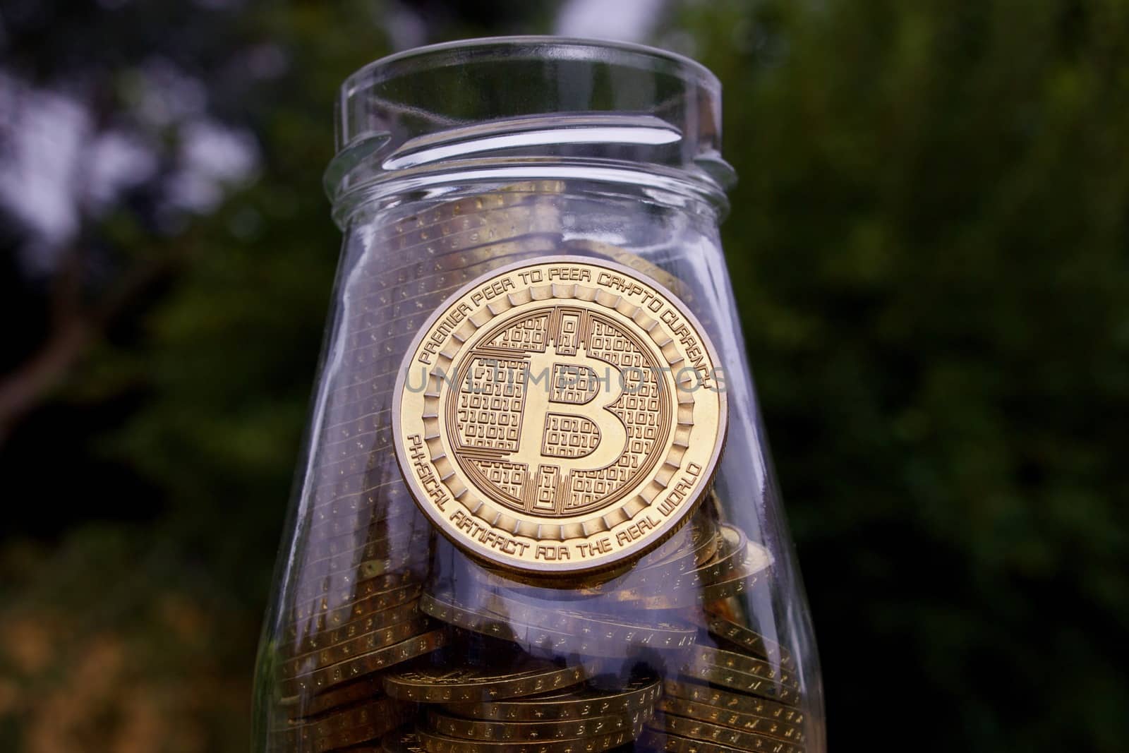 Digital currency physical gold bitcoin coin in garden on glass jar.